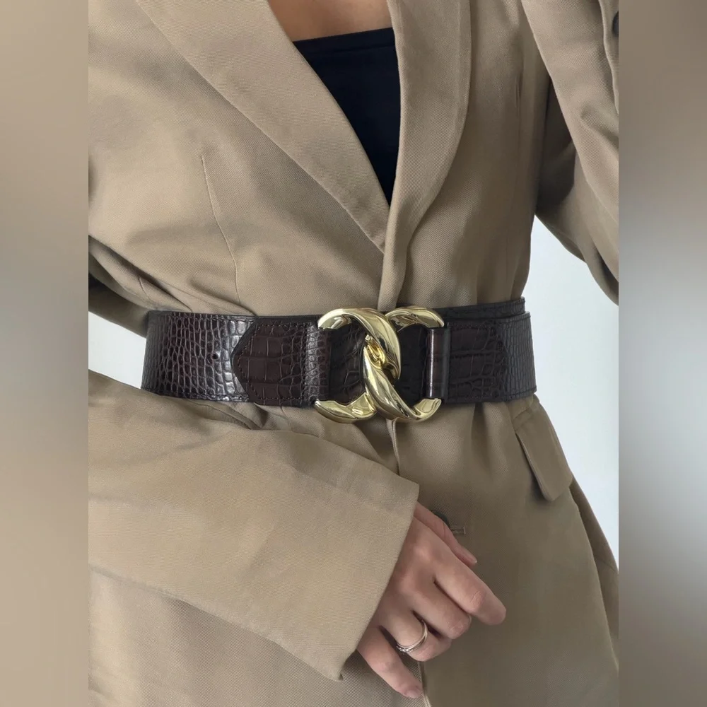 Zara Leather Brown Croc-Embossed Belt with Gold Buckle